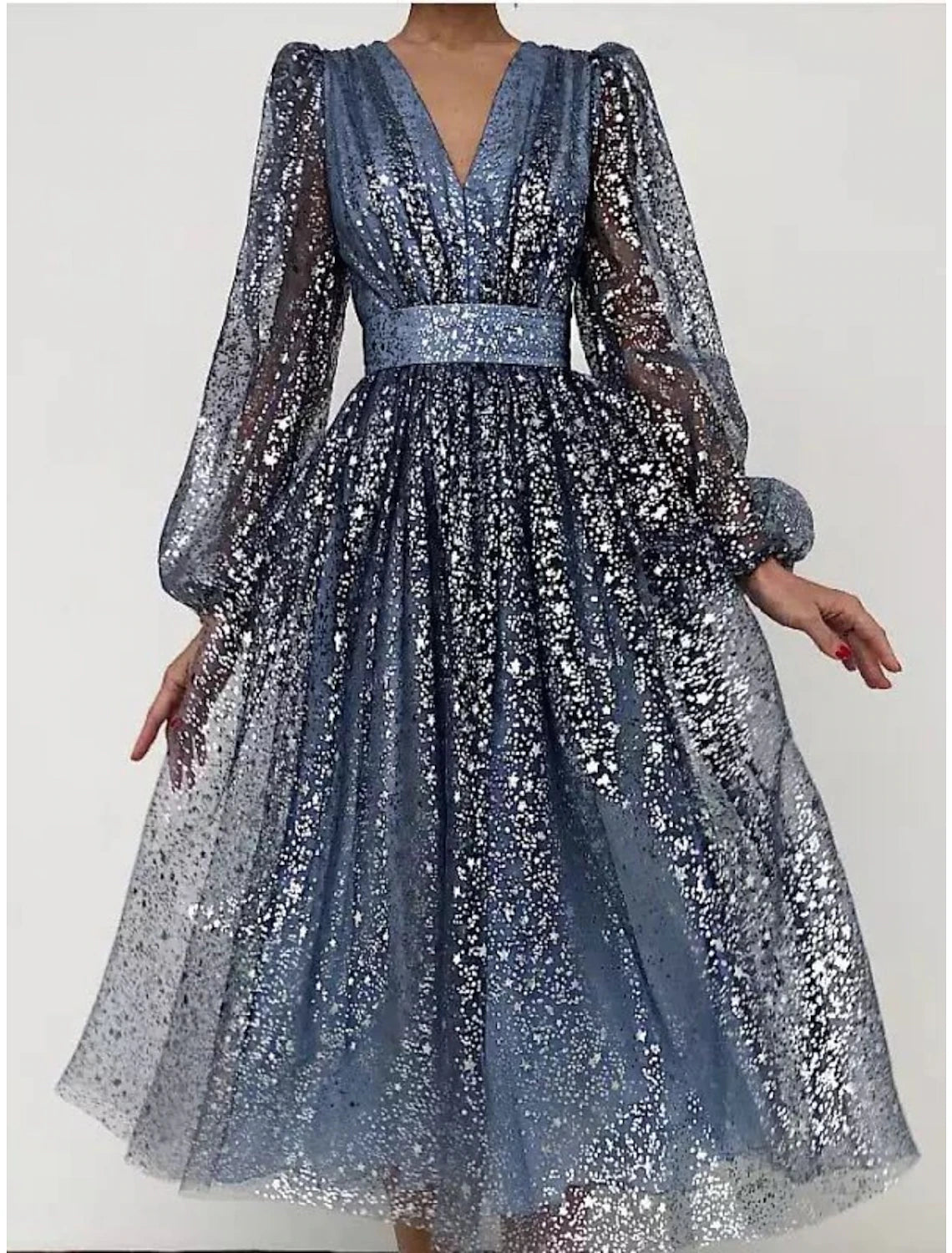 Abito da donna con paillettes, abito da festa, abito scintillante, abito da ballo, abito tubino, abito scampanato, abito midi, rosa antico, blu antico, manica lunga, tinta unita, arricciato, inverno, autunno, primavera, scollo a V
